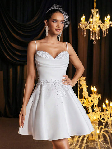 Elegant Luxurious Champagne Color Shoulder Strap Neck Pearl Beaded Design Satin Flare Skirt, Suitable For Wedding Events, Singles Party, Vacation, Ball, Bridal Gift Dress