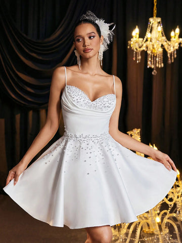 Elegant Luxurious Champagne Color Shoulder Strap Neck Pearl Beaded Design Satin Flare Skirt, Suitable For Wedding Events, Singles Party, Vacation, Ball, Bridal Gift Dress