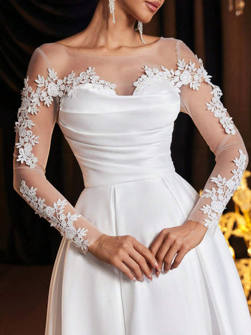 Elegant Luxurious Cream Lace Embroidered Satin Patchwork Sheer Long Sleeve Ruched Maxi Dress, Suitable For Wedding, Party, Single Party, Holiday, Ball, Bride Gift