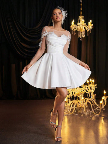 Elegant Luxurious Cream Lace Embroidered Satin Patchwork Sheer Long Sleeve Ruched Maxi Dress, Suitable For Wedding, Party, Single Party, Holiday, Ball, Bride Gift