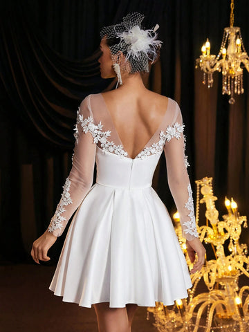 Elegant Luxurious Cream Lace Embroidered Satin Patchwork Sheer Long Sleeve Ruched Maxi Dress, Suitable For Wedding, Party, Single Party, Holiday, Ball, Bride Gift