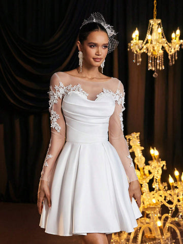 Elegant Luxurious Cream Lace Embroidered Satin Patchwork Sheer Long Sleeve Ruched Maxi Dress, Suitable For Wedding, Party, Single Party, Holiday, Ball, Bride Gift