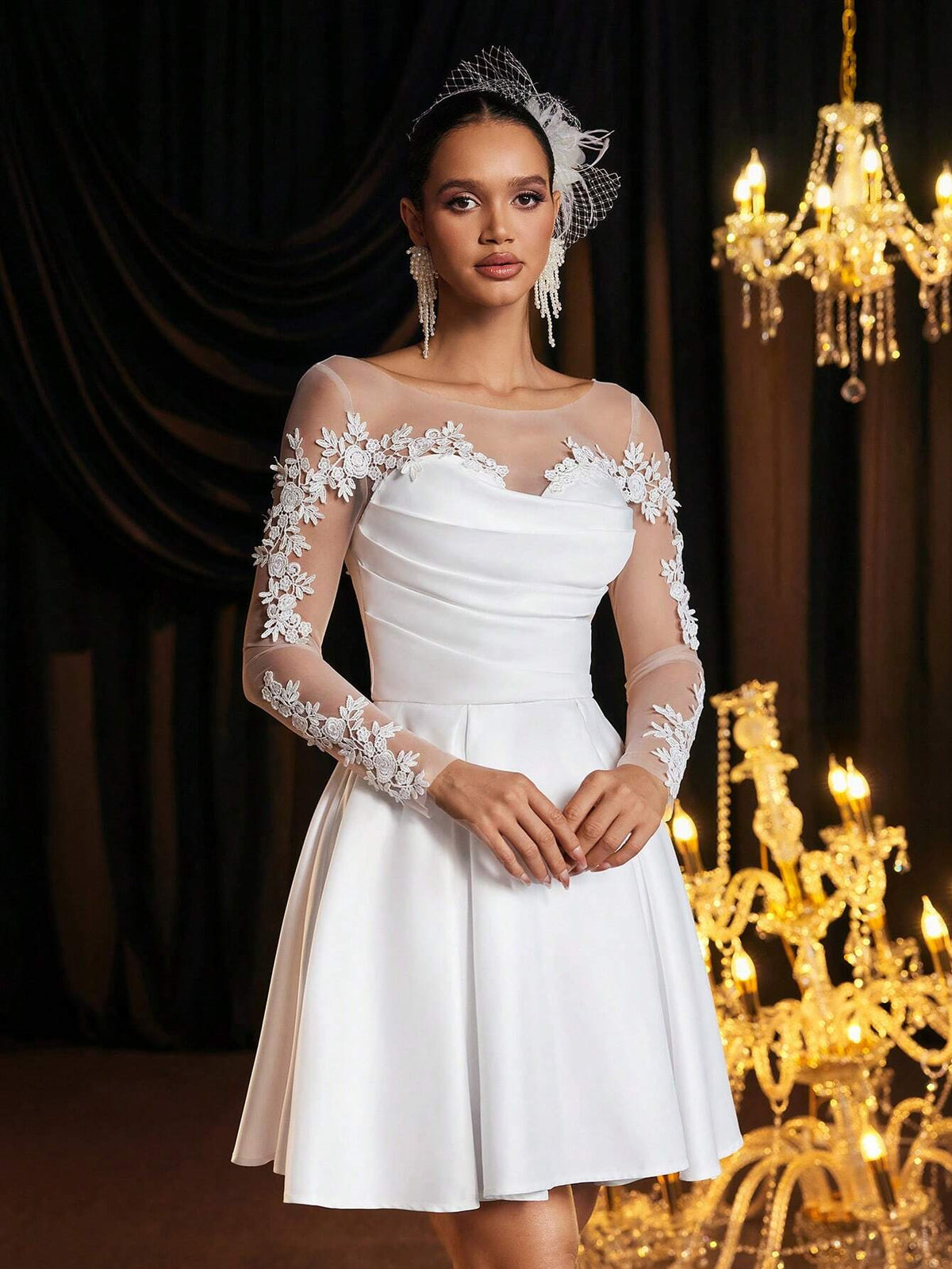 Elegant Luxurious Cream Lace Embroidered Satin Patchwork Sheer Long Sleeve Ruched Maxi Dress, Suitable For Wedding, Party, Single Party, Holiday, Ball, Bride Gift