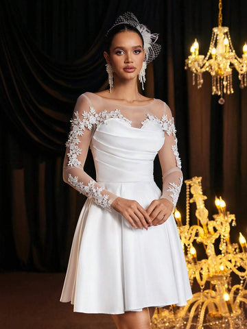 Elegant Luxurious Cream Lace Embroidered Satin Patchwork Sheer Long Sleeve Ruched Maxi Dress, Suitable For Wedding, Party, Single Party, Holiday, Ball, Bride Gift