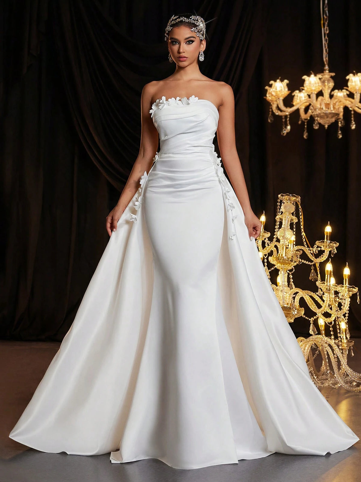 Elegant Luxurious Cream Satin 3D Floral Ruched Detachable Maxi Fish Tail Skirt, Suitable For Wedding, Bridal Shower, Bachelorette Party, Vacation