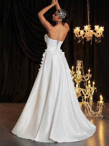 Elegant Luxurious Cream Satin 3D Floral Ruched Detachable Maxi Fish Tail Skirt, Suitable For Wedding, Bridal Shower, Bachelorette Party, Vacation