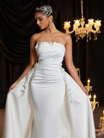 Elegant Luxurious Cream Satin 3D Floral Ruched Detachable Maxi Fish Tail Skirt, Suitable For Wedding, Bridal Shower, Bachelorette Party, Vacation