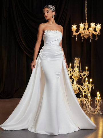 Elegant Luxurious Cream Satin 3D Floral Ruched Detachable Maxi Fish Tail Skirt, Suitable For Wedding, Bridal Shower, Bachelorette Party, Vacation