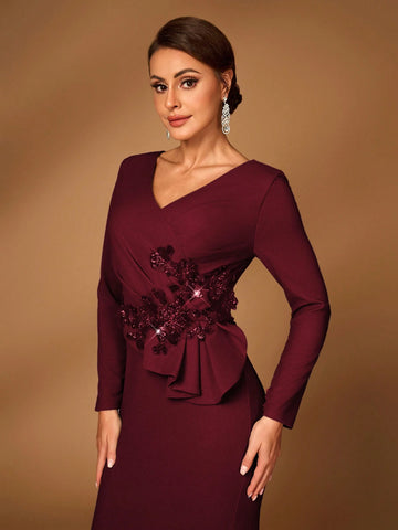 Elegant Luxurious Dark Grey Elastic Knit Long Sleeve Mermaid Hem Dress, Suitable For Wedding, Party, Holiday, Gala, Evening Gown For Bride Mother
