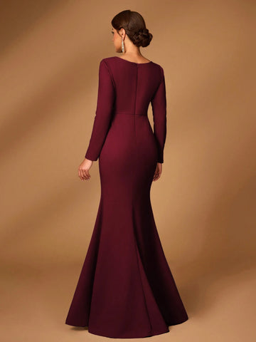 Elegant Luxurious Dark Grey Elastic Knit Long Sleeve Mermaid Hem Dress, Suitable For Wedding, Party, Holiday, Gala, Evening Gown For Bride Mother