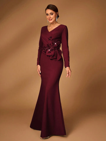 Elegant Luxurious Dark Grey Elastic Knit Long Sleeve Mermaid Hem Dress, Suitable For Wedding, Party, Holiday, Gala, Evening Gown For Bride Mother