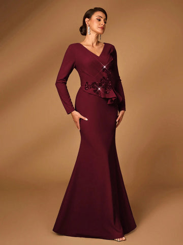 Elegant Luxurious Dark Grey Elastic Knit Long Sleeve Mermaid Hem Dress, Suitable For Wedding, Party, Holiday, Gala, Evening Gown For Bride Mother