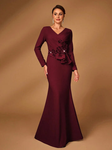 Elegant Luxurious Dark Grey Elastic Knit Long Sleeve Mermaid Hem Dress, Suitable For Wedding, Party, Holiday, Gala, Evening Gown For Bride Mother