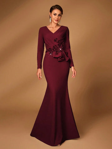 Elegant Luxurious Dark Grey Elastic Knit Long Sleeve Mermaid Hem Dress, Suitable For Wedding, Party, Holiday, Gala, Evening Gown For Bride Mother