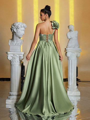Elegant Luxurious Grass Green One-Shoulder 3D Floral Back Tie-Up Pearl Sequin Fishbone Ruched Tight Satin Patchwork Maxi Dress, Suitable For Wedding, Party, Vacation, Formal Dinner (Heavy Embellished)