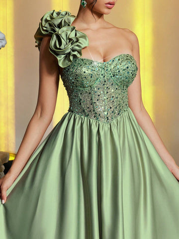 Elegant Luxurious Grass Green One-Shoulder 3D Floral Back Tie-Up Pearl Sequin Fishbone Ruched Tight Satin Patchwork Maxi Dress, Suitable For Wedding, Party, Vacation, Formal Dinner (Heavy Embellished)