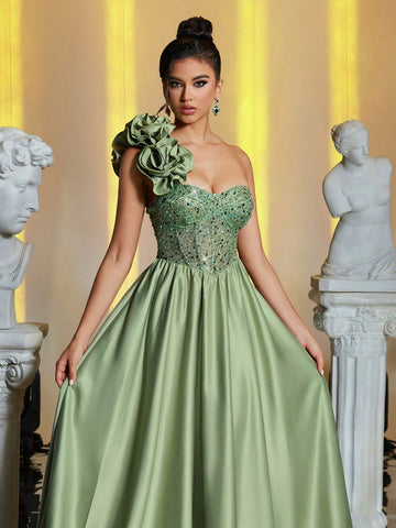 Elegant Luxurious Grass Green One-Shoulder 3D Floral Back Tie-Up Pearl Sequin Fishbone Ruched Tight Satin Patchwork Maxi Dress, Suitable For Wedding, Party, Vacation, Formal Dinner (Heavy Embellished)