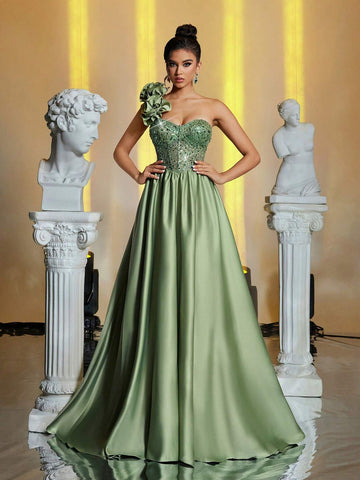 Elegant Luxurious Grass Green One-Shoulder 3D Floral Back Tie-Up Pearl Sequin Fishbone Ruched Tight Satin Patchwork Maxi Dress, Suitable For Wedding, Party, Vacation, Formal Dinner (Heavy Embellished)