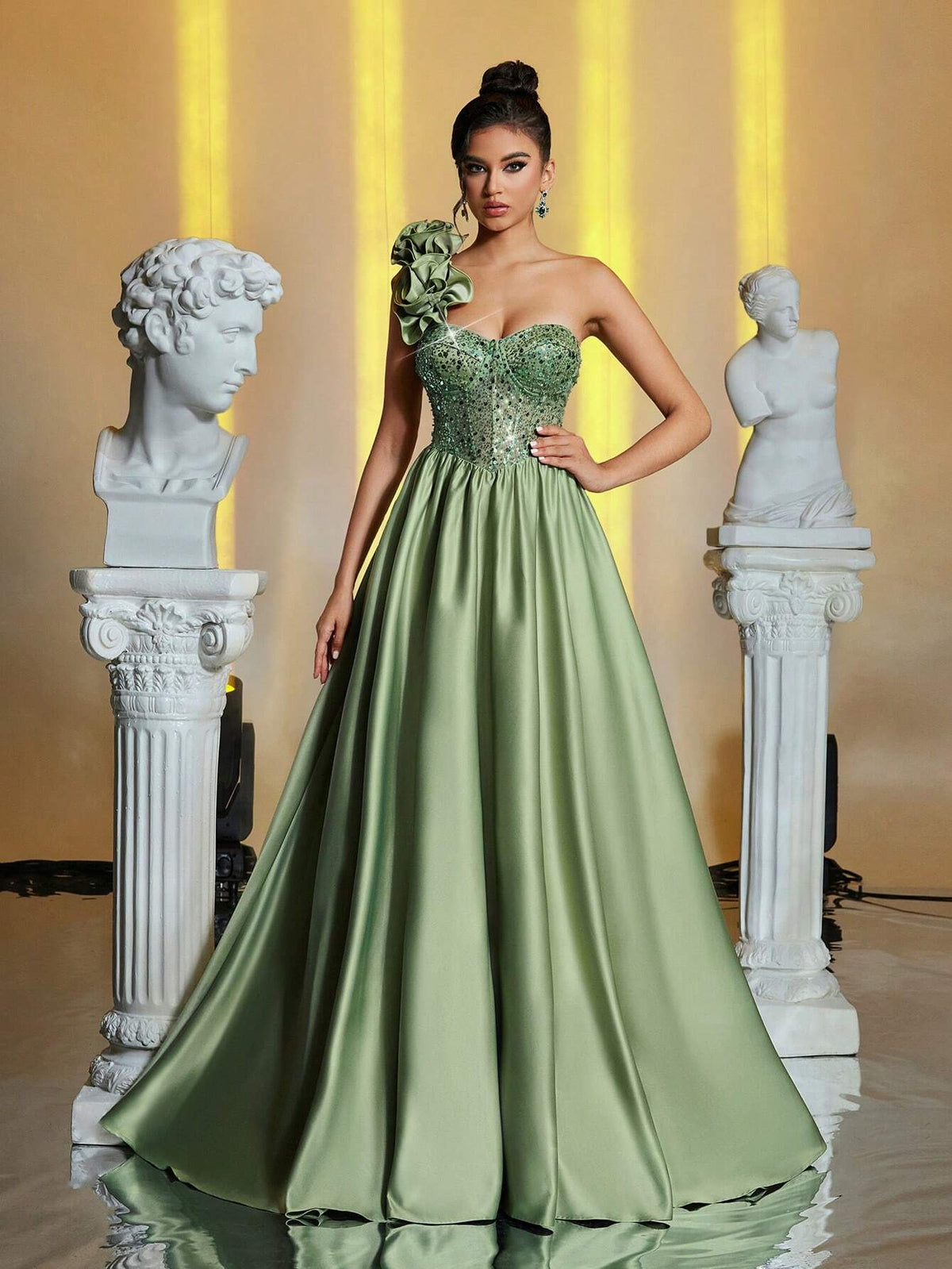 Elegant Luxurious Grass Green One-Shoulder 3D Floral Back Tie-Up Pearl Sequin Fishbone Ruched Tight Satin Patchwork Maxi Dress, Suitable For Wedding, Party, Vacation, Formal Dinner (Heavy Embellished)