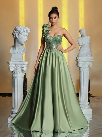 Elegant Luxurious Grass Green One-Shoulder 3D Floral Back Tie-Up Pearl Sequin Fishbone Ruched Tight Satin Patchwork Maxi Dress, Suitable For Wedding, Party, Vacation, Formal Dinner (Heavy Embellished)