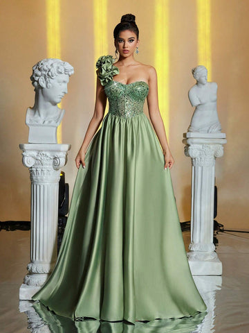Elegant Luxurious Grass Green One-Shoulder 3D Floral Back Tie-Up Pearl Sequin Fishbone Ruched Tight Satin Patchwork Maxi Dress, Suitable For Wedding, Party, Vacation, Formal Dinner (Heavy Embellished)