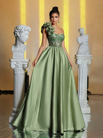 Elegant Luxurious Grass Green One-Shoulder 3D Floral Back Tie-Up Pearl Sequin Fishbone Ruched Tight Satin Patchwork Maxi Dress, Suitable For Wedding, Party, Vacation, Formal Dinner (Heavy Embellished)