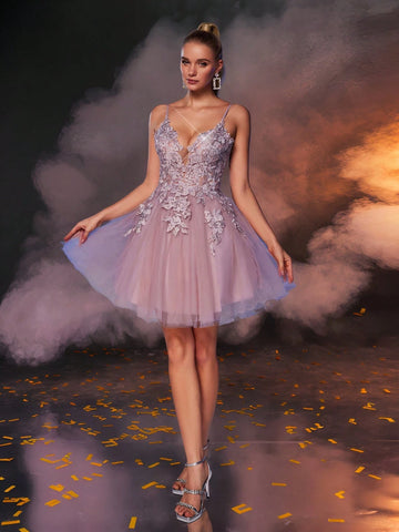 Elegant Luxurious Lotus Pink V-Neck Embroidered Lace Rhinestone Decorated Maxi Dress For Weddings, Parties, Graduations, Prom (Heavy Lace Design)