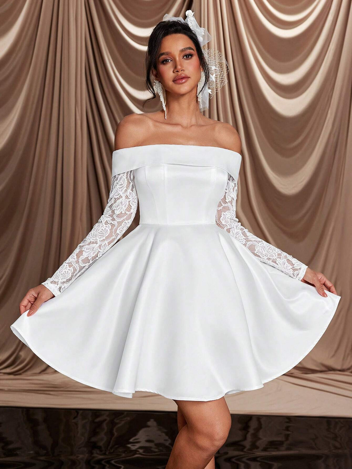 Elegant Luxurious Off Shoulder Sheer Mesh Long Sleeve Lace & Satin Flared Maxi Dress, Suitable For Wedding, Bachelorette Party, Holiday, Ball, Banquet, Bridal Gift