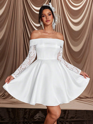 Elegant Luxurious Off Shoulder Sheer Mesh Long Sleeve Lace & Satin Flared Maxi Dress, Suitable For Wedding, Bachelorette Party, Holiday, Ball, Banquet, Bridal Gift