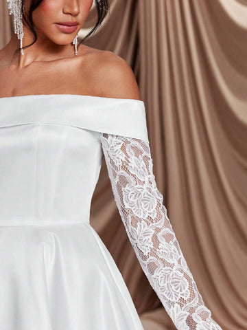 Elegant Luxurious Off Shoulder Sheer Mesh Long Sleeve Lace & Satin Flared Maxi Dress, Suitable For Wedding, Bachelorette Party, Holiday, Ball, Banquet, Bridal Gift