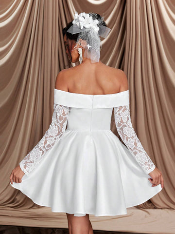 Elegant Luxurious Off Shoulder Sheer Mesh Long Sleeve Lace & Satin Flared Maxi Dress, Suitable For Wedding, Bachelorette Party, Holiday, Ball, Banquet, Bridal Gift