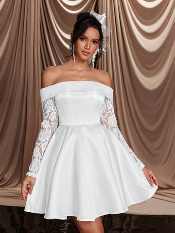 Elegant Luxurious Off Shoulder Sheer Mesh Long Sleeve Lace & Satin Flared Maxi Dress, Suitable For Wedding, Bachelorette Party, Holiday, Ball, Banquet, Bridal Gift