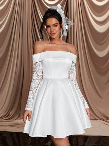 Elegant Luxurious Off Shoulder Sheer Mesh Long Sleeve Lace & Satin Flared Maxi Dress, Suitable For Wedding, Bachelorette Party, Holiday, Ball, Banquet, Bridal Gift