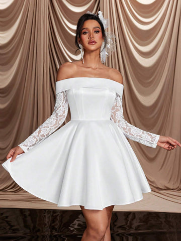 Elegant Luxurious Off Shoulder Sheer Mesh Long Sleeve Lace & Satin Flared Maxi Dress, Suitable For Wedding, Bachelorette Party, Holiday, Ball, Banquet, Bridal Gift