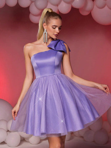 Elegant Luxurious Purple Cute Asymmetrical Neck Big Bow High Waist Voluminous Hem Suitable For Wedding, Graduation, Vacation, Party, Prom Dress