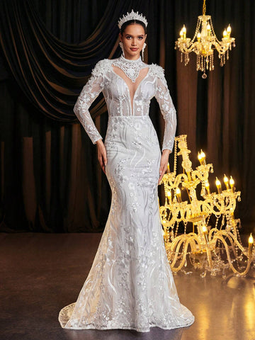 Elegant Luxurious Romantic White Luxury Beaded Mesh Embroidered Stand Collar Pearl Sequined Applique Sheer Long Sleeve Bodycon Fishtail Hem, Suitable For Wedding Gown