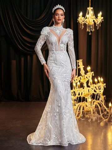 Elegant Luxurious Romantic White Luxury Beaded Mesh Embroidered Stand Collar Pearl Sequined Applique Sheer Long Sleeve Bodycon Fishtail Hem, Suitable For Wedding Gown