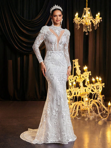 Elegant Luxurious Romantic White Luxury Beaded Mesh Embroidered Stand Collar Pearl Sequined Applique Sheer Long Sleeve Bodycon Fishtail Hem, Suitable For Wedding Gown