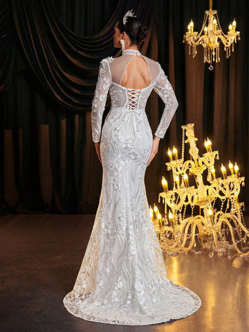 Elegant Luxurious Romantic White Luxury Beaded Mesh Embroidered Stand Collar Pearl Sequined Applique Sheer Long Sleeve Bodycon Fishtail Hem, Suitable For Wedding Gown