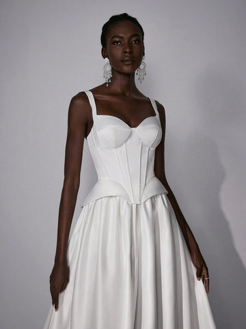 Elegant Luxurious Satin High Waist Slim Fit Pleated Maxi Long Ball Gown Dress, Suitable For Weddings, Parties And Formal Occasions