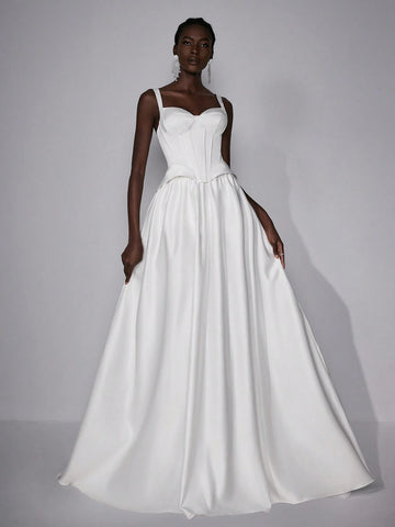 Elegant Luxurious Satin High Waist Slim Fit Pleated Maxi Long Ball Gown Dress, Suitable For Weddings, Parties And Formal Occasions