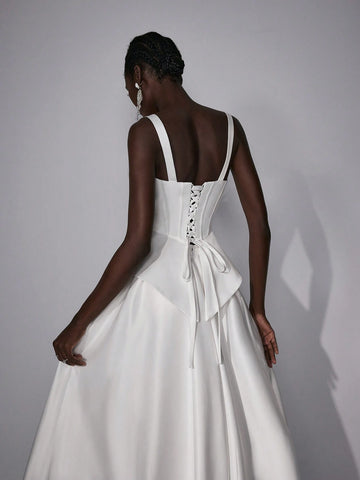 Elegant Luxurious Satin High Waist Slim Fit Pleated Maxi Long Ball Gown Dress, Suitable For Weddings, Parties And Formal Occasions