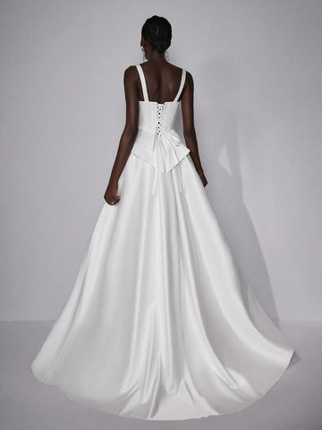 Elegant Luxurious Satin High Waist Slim Fit Pleated Maxi Long Ball Gown Dress, Suitable For Weddings, Parties And Formal Occasions