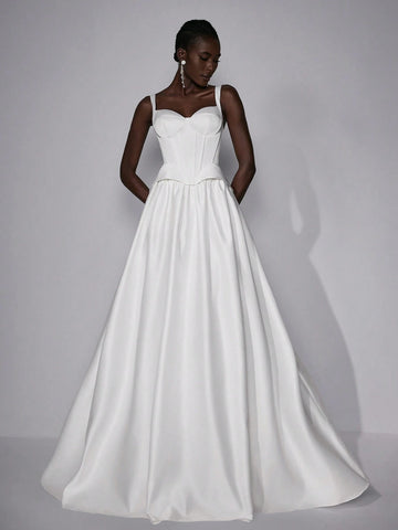 Elegant Luxurious Satin High Waist Slim Fit Pleated Maxi Long Ball Gown Dress, Suitable For Weddings, Parties And Formal Occasions