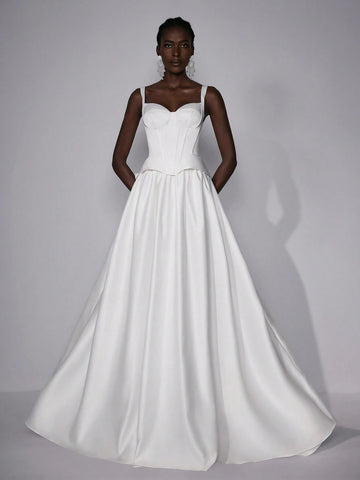 Elegant Luxurious Satin High Waist Slim Fit Pleated Maxi Long Ball Gown Dress, Suitable For Weddings, Parties And Formal Occasions