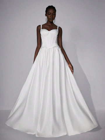 Elegant Luxurious Satin High Waist Slim Fit Pleated Maxi Long Ball Gown Dress, Suitable For Weddings, Parties And Formal Occasions