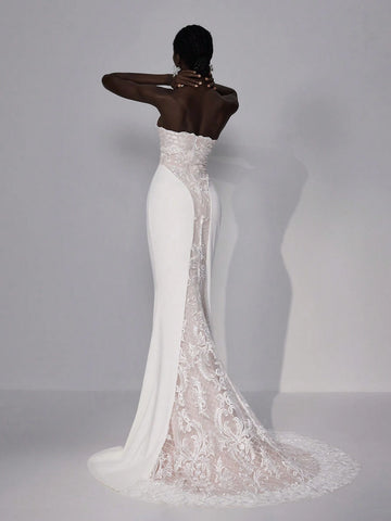 Elegant Luxurious Sexy Cold-Shoulder Strapless V-Neck Backless Sheer Mesh Lace Applique And French Lace Detail Patchwork Stretchy Satin Mermaid Long Tail Wedding Dress