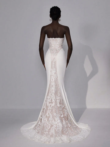 Elegant Luxurious Sexy Cold-Shoulder Strapless V-Neck Backless Sheer Mesh Lace Applique And French Lace Detail Patchwork Stretchy Satin Mermaid Long Tail Wedding Dress