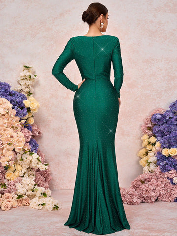 Elegant Luxurious Stretchy Knit Rhinestones, Ruched Sleeves, Twist Detail, Slit Fishtail Dress, Suitable For Weddings, Parties, Honeymoon, Bridesmaids (Adult)