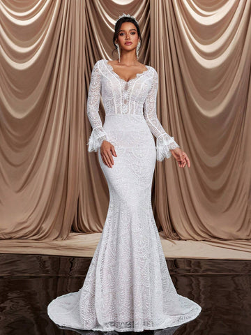 Elegant Luxurious V-Neck Long Sleeve Sheer Lace Bodycon Mermaid With Train Dress, Suitable For Wedding, Party, Prom, Vacation Events